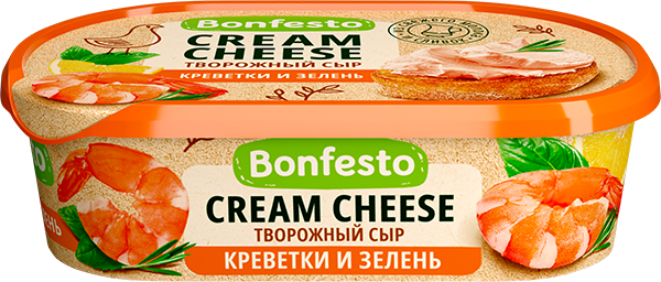 140гр Сыр творожный "CreamCheese" с наполнителем "Со вкусом креветки и зеленью"  65% Bonfesto(6шт)