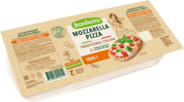 Сыр полутвердый "Mozzarella Pizza" 1000гр 40% Bonfesto ШТ (8шт.)